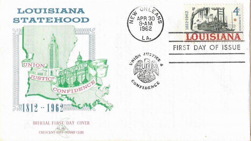 1962 FDC, #1197, 4c Louisiana Statehood, Crescent City Stamp Club