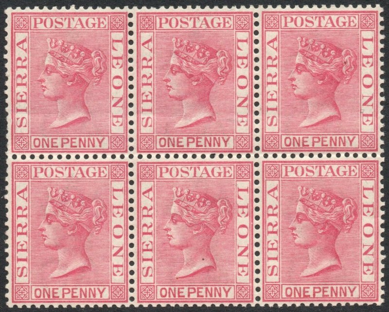 SIERRA LEONE-1884-91 1d Carmine Block of 6 Sg 28 light horizontal bend UM V42953