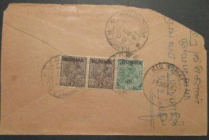 1937 Rangoon Burma British India Registered Multi Franking Overprint Cover