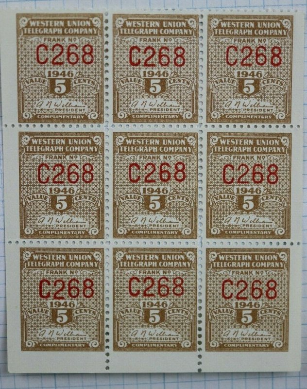 US Sc#16T114 Booklet Pane Western Union Telegram Co 5c MNH