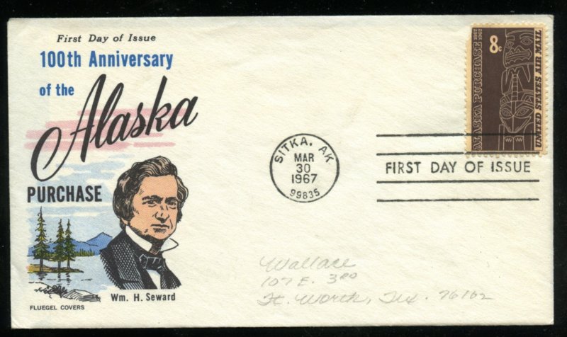 US C70 8c Air Mail Alaska Purchase pencil Addr Fluegel cachet FDC