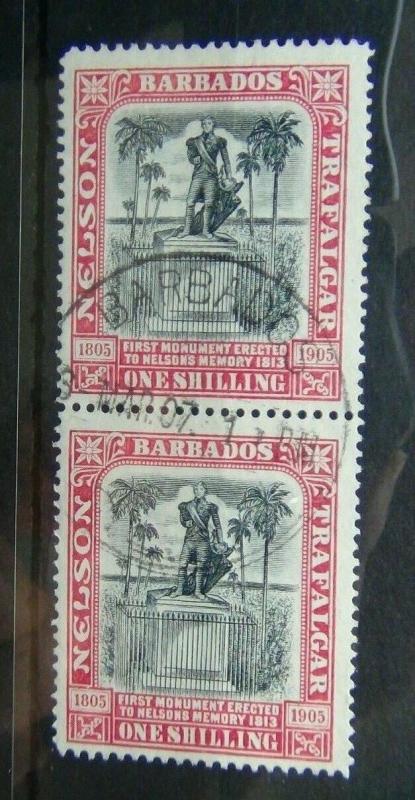 Barbados 1906 Nelson Centenary 1s Black & Rose in pair Superb Used SG151  