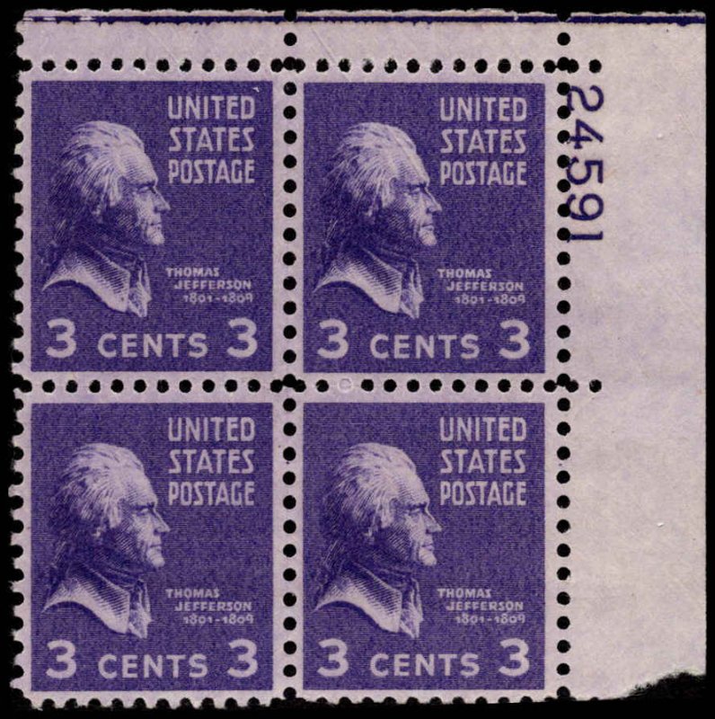 US #807 JEFFERSON MNH UR PLATE BLOCK #24591