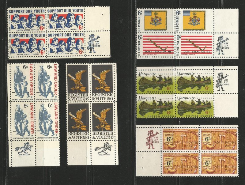 USA Stamps #1342,1343,1344,1353,1356,1357 Blocks of 4 (Zip Blocks)