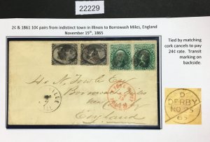 MOMEN: US STAMPS # 68, 73 PAIRS ON COVER USED TO ENGLAND LOT #22229