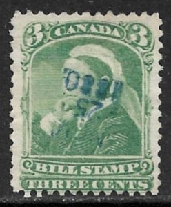 CANADA 1868 QV 3c Green BILL STAMP REVENUE VDM. FB40 Used