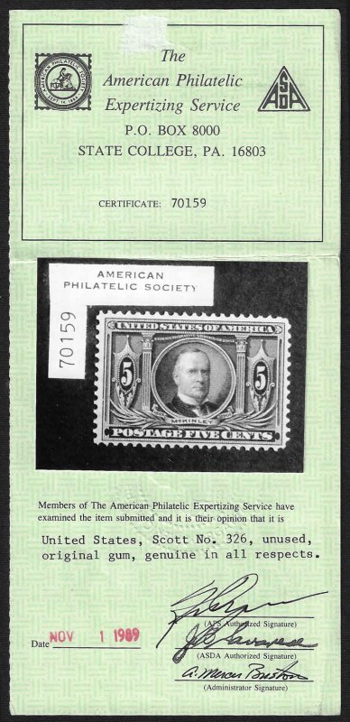 U.S. #326 MNH; 5c McKinley - La Purchase (1904) w/APS Certificate