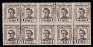 Uruguay 1939-43 1 Peso Dull Brown Artigas Block x 10 MNH. Scott 501