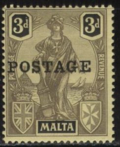 Malta 122 (mhr) 3p allegory of Malta, black on yel paper, ovptd “POSTAGE” (1926)