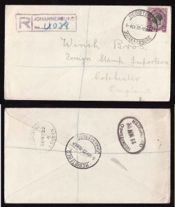 South Africa cover  #14292-Johannesburg 6 Nov1922-reg'd-England-B/S Colc...