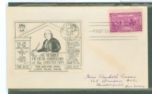 US 798 1937 3c/150th anniversary of the US Constitution (single) on an addressed first day cover with a tied poster stamp as cac