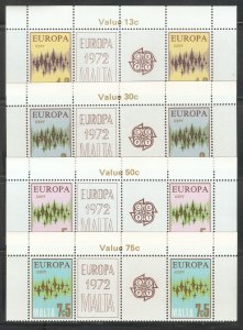 Malta 1972,Europa CEPT Issue Top Sheet strips w/Labels,Sc 450-453,VF MNH**