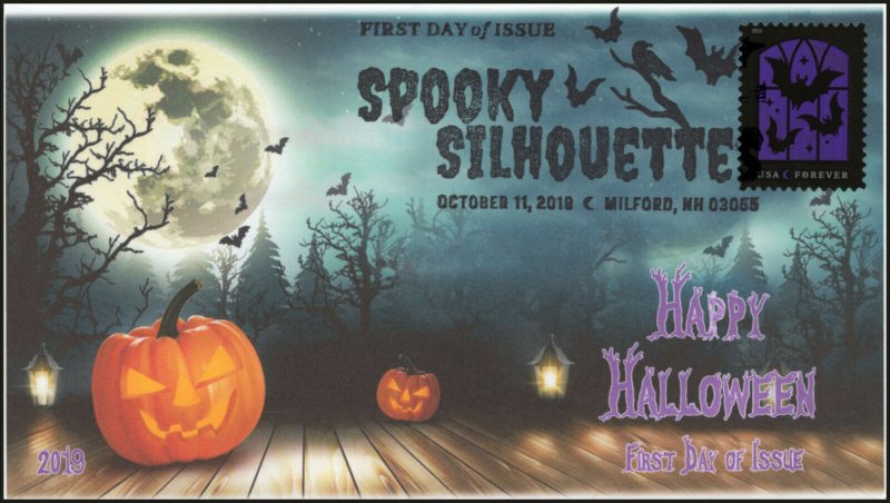 19-261, 2019, Spooky Silhouettes, Pictorial Postmark, First Day Cover, Purple