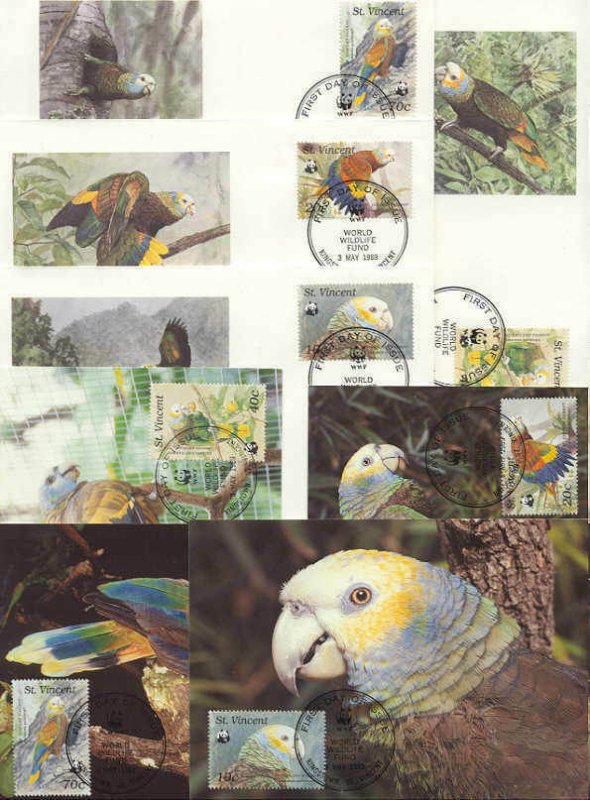 St.Vincent 8 FDC/cards WWF/Birds(Parrots) 1989