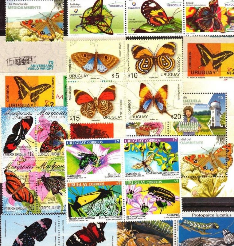 DISCOVER URUGUAY ! SELECTED 21 BUTTERFLY INSECTS STAMPS MNH + 2 S/S 
