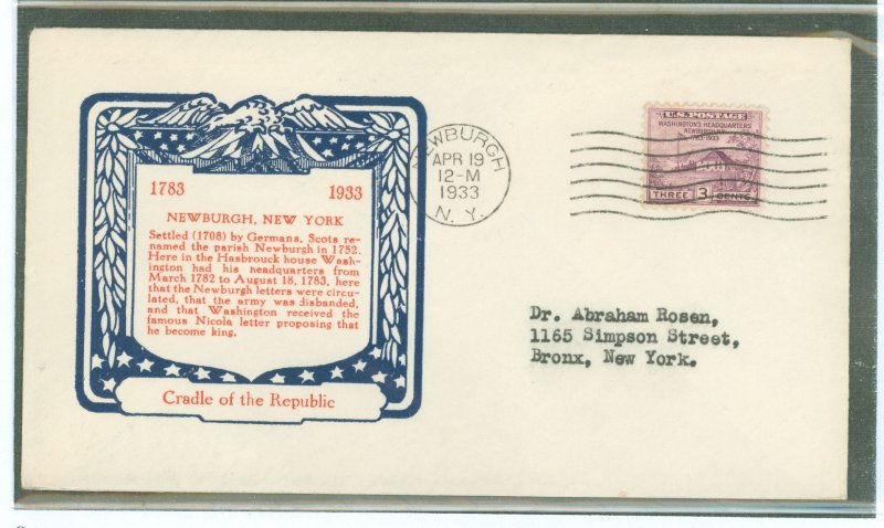 US 727 1933 3c Washington's headquarters/Peace pact of 1783 on an addressed first day cover with an Ed Kee cachet.
