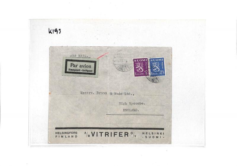 FINLAND Helsinki Airmail VITRIFER Advert 1933 Cover High Wycombe {samwells}GK193