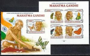 Burundi, 2012 issue. Mahatma Gandhi & Butterflies IMPERF sheet & s/sheet. ^