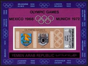 Yemen/YAR Mi Block 84 (#837)  mnh s/s - 1968 Olympic games - summer host cities