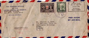 Costa Rica 1946 Sc C120 Cover Certified American Embassy Air Mail Foreign Serv