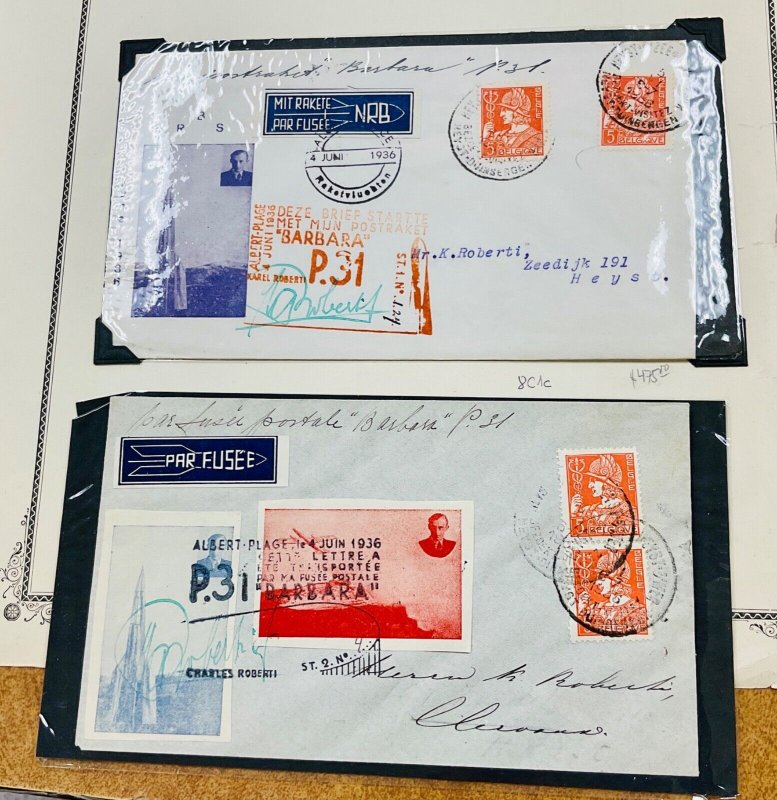 1936 Belgium  2 Rocket Flight Mail Covers  Roberti Signed Rocket BARBARA
