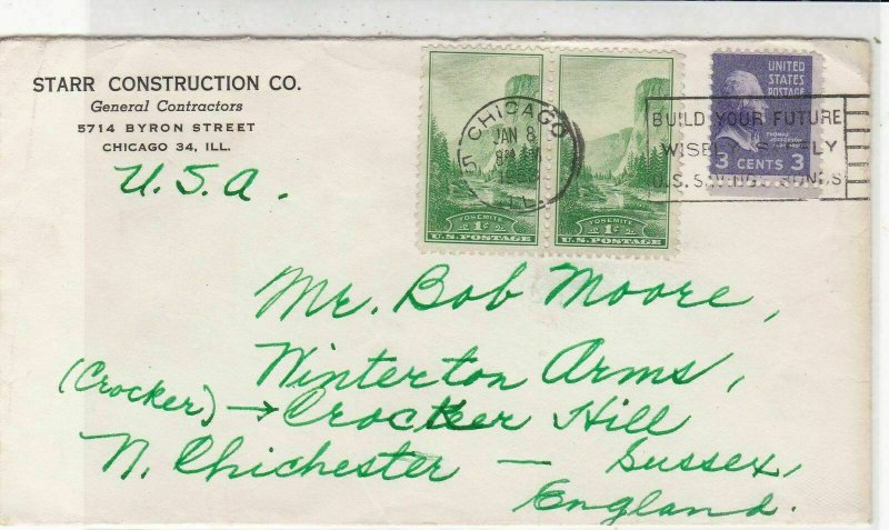 U.S. 1953 Starr Construction Co. Chicago Slogan Stamps Cover to England Rf 33614