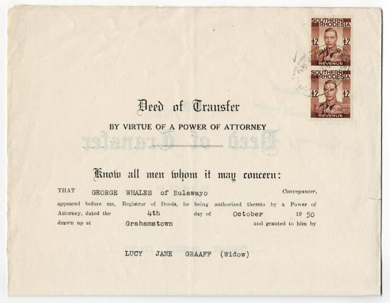 (I.B) Southern Rhodesia Revenue : Duty Stamp £4 (Deed of Transfer) 