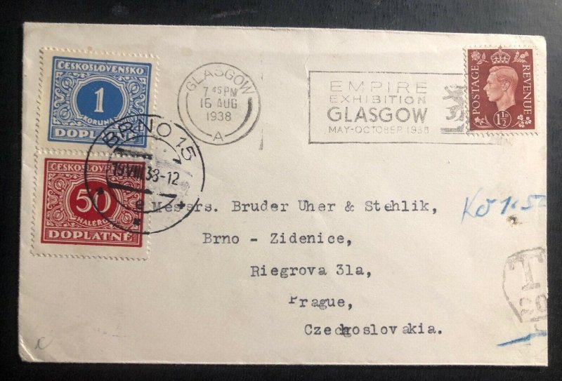 1938 Glasgow Scotland England Postage Due Cover To Prague Czechoslovakia