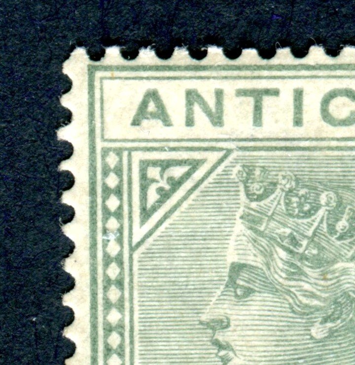 Antigua 1882 QV 1/2d dull green. TOP LEFT TRIANGLE DETACHED. Mint Hinged. SG21a.