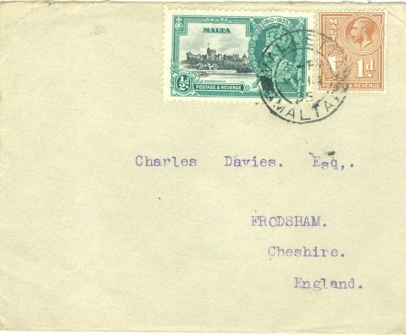 1c Gems Malta cover to England c1935