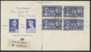 1939 Newfoundland #249 Royal Visit FDC Block Ioor Cachet Registered St John's