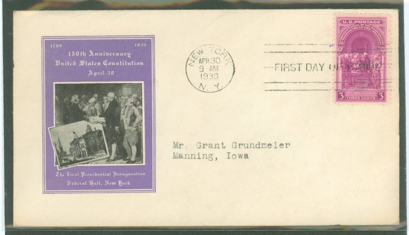 US 854 1939 3c Washington inauguration solo on an addressed (typed) FDC with an Ioor cachet
