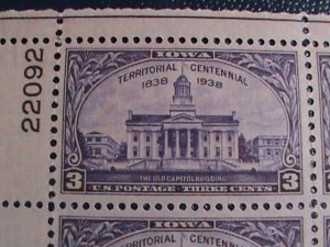​UNITED STATES-1938 -SC#838 CENTENARY OF IOWA TERRITORY-OLD CAPITAL -MNH SHEET