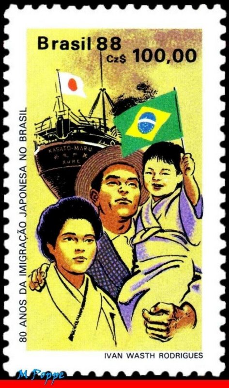 2138 BRAZIL 1988 JAPANESE IMMIGRATION, FLAGS, SHIPS BOATS, JAPAN, MI# 2257, MNH