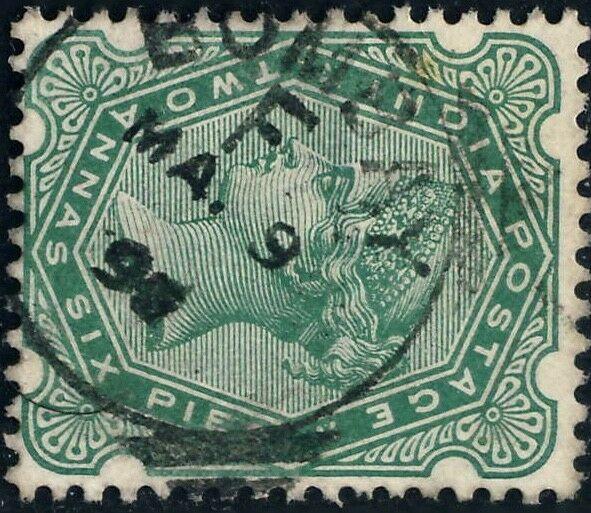 INDIA 1895 - BOMBAY / F SQUARED CIRCLE DATE STAMP ON SG103 2a6p GREEN