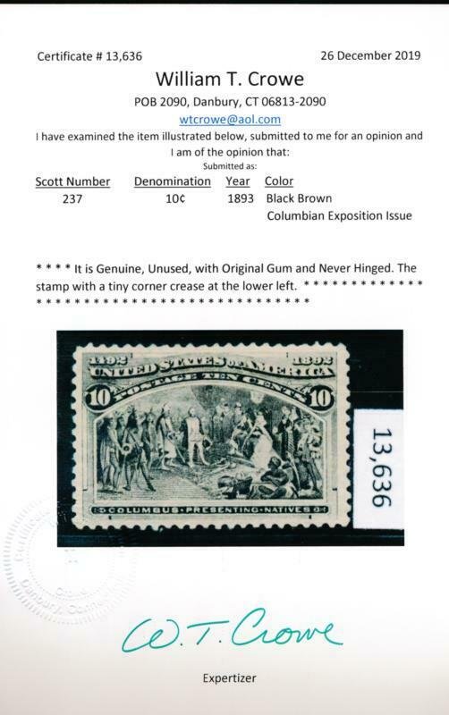 UNITED STATES 237 MINT NH VF-XF 10c COLUMBIAN WITH CERTIF.