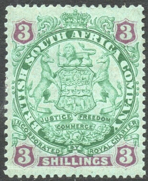 RHODESIA-1896-97 3/- Green & Mauve/Blue Sg 36 AVERAGE MOUNTED MINT V37873