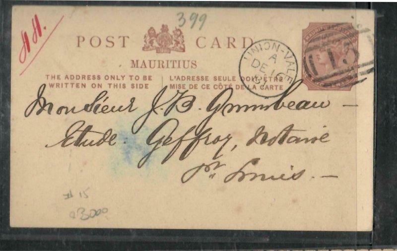 MAURITIUS (P3005B) 1881 QV 2C PSC UNION-VALE #15 SENT TO PORT LOUIS