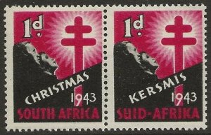 1943 South Africa TB TUBERCULOSIS Cinderella Xmas Seal Bilingual PAIR F/VF-NH-