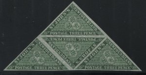 Newfoundland 1860 3d green block of 4 mint o.g. hinged at the bottom