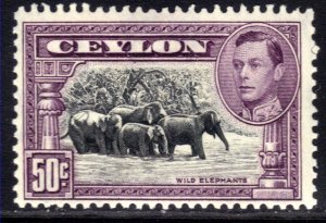 Ceylon 1938 - 49 KGV1 50ct Black & Mauve MM SG 394e 12 perfs  ( H218 )