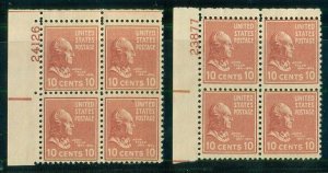 US #815, 10¢ Prexie, 2 diff Plate Blocks w/better Plate numbers, NH, VF