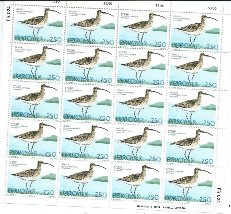 Faroe  Islands #30 180o Whimbrel Sheet of 20 (MNH) CV$18.00