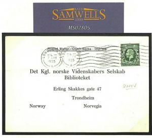 GB VIKING SOCIETY London University Perfin 1934 Reply Card NORWAY Library MS2805