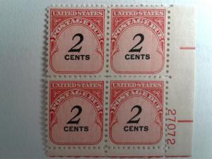 SCOTT # J-90 U.S 2 CENT POSTAGE DUE PLATE BLOCK GEM