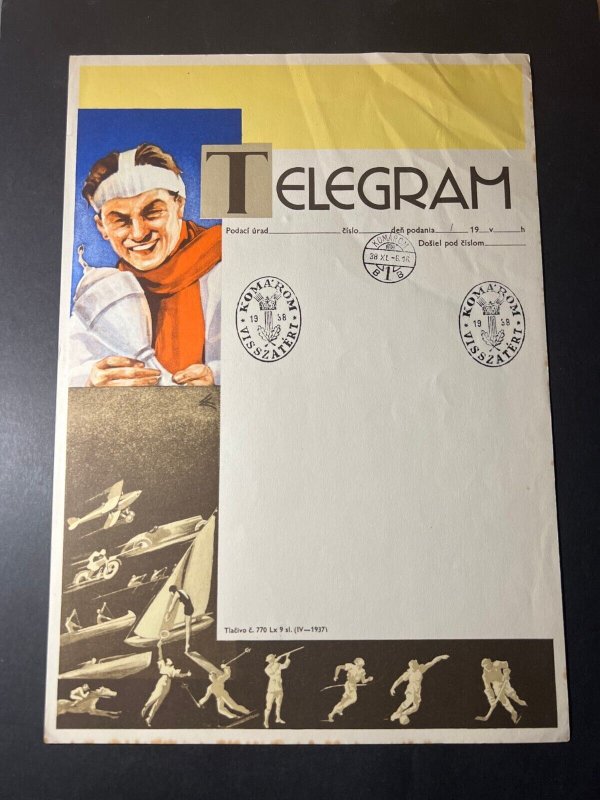 1938 Hungary Telegram Cover Komarom Visszatert Olympics Sports Athlete Trophy