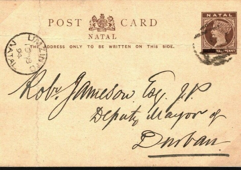 South Africa NATAL Stationery Card *UMZINTO* CDS Durban 1894{samwells} SA35