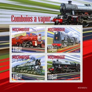 Mozambique 2019 MNH Trains Stamps Steam Engines Locomotives Railways Rail 4v M/S