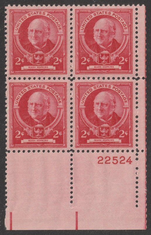 US 870 Educators Mark Hopkins 2c plate block 4 LR 22524 MNH 1940