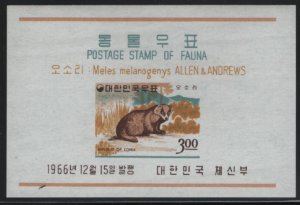 Korea South 1966 MNH Sc 502a 3w Badger Wildlife Souvenir sheet